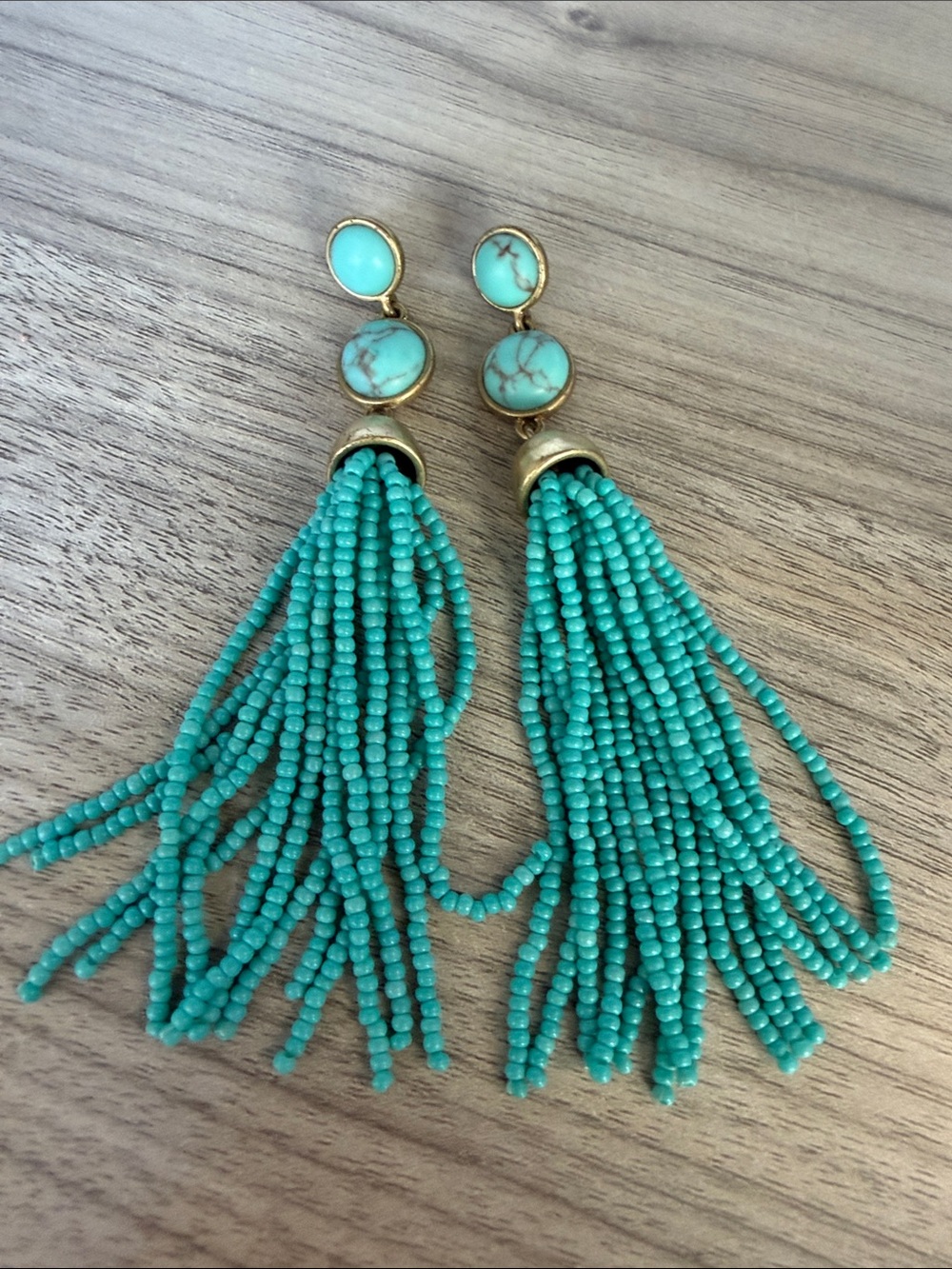 Lucky Brand Turquoise Beaded Tassel Earrings with Gold Accents